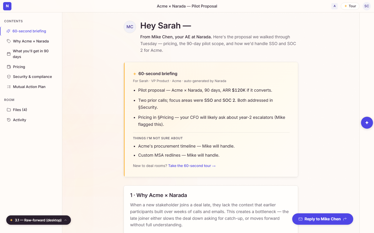 Narada deal room with 60-second briefing, content blocks, and Mike Chen co-presence.