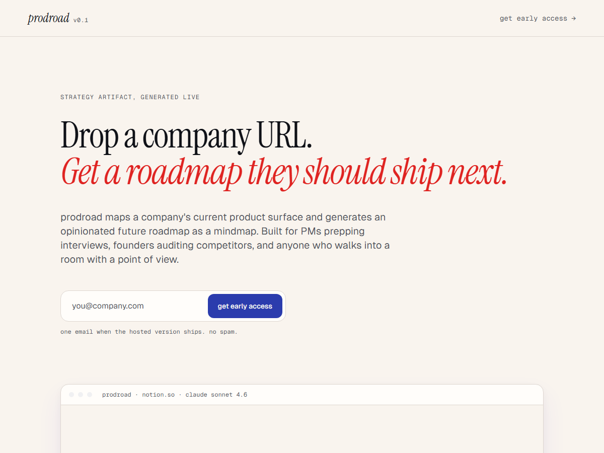 Prodroad's editorial landing — 'Drop a company URL. Get a roadmap they should ship next.'